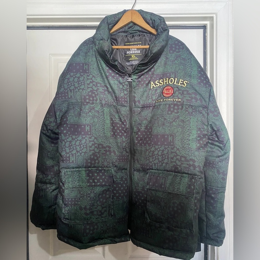 Assholes Live Forever Green Bandana Puffer Jacket Size XL